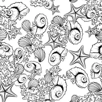 Ocean seashell, coral, starfish pattern background. Stock Illustration