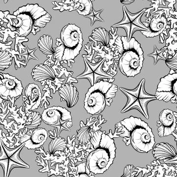 Ocean seashell, coral, starfish pattern background. Illustrazione stock