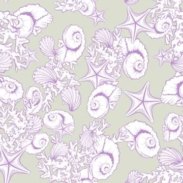 Ocean seashell, coral, starfish pattern background. Stock Illustration