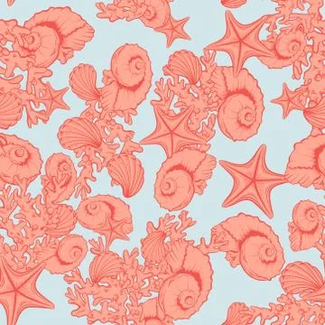 Ocean seashell, coral, starfish pattern background. Stock Illustration
