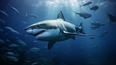 Ocean shark bottom view from below. Open toothy dangerous mouth with many teeth Stock Photos