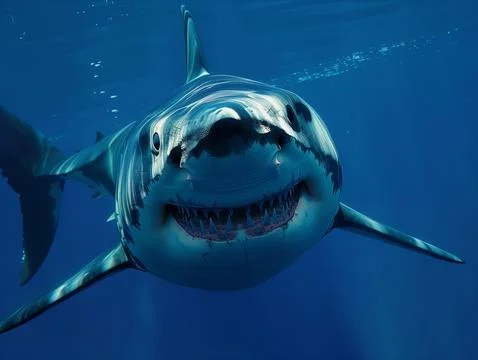Ocean shark bottom view from below. Open toothy dangerous mouth with many teeth Stock Photos