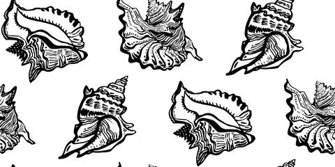 Ocean shell, seashell wild line freehand style black ink seamless pattern. Illustrazione stock