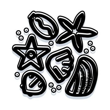 Ocean shells and starfish line art drawing Stock Illustration