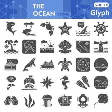 Ocean solid icon set, nautical symbols collection or sketches. Marine life signs Stock Illustration