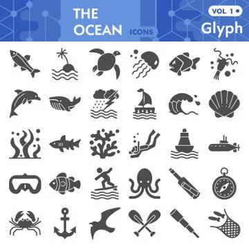 Ocean solid icon set, nautical symbols collection or sketches. Marine life signs Stock Illustration