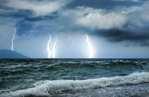 Ocean storm with Lightning Stock Photos