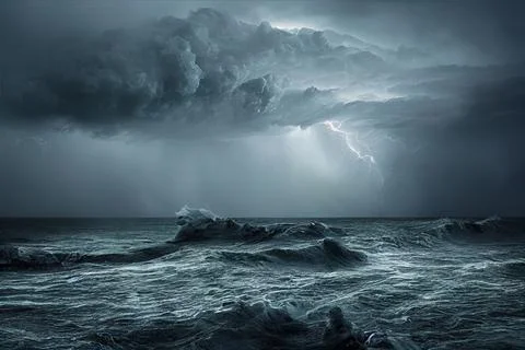 Ocean storm with thunder and waves Stock Illustration