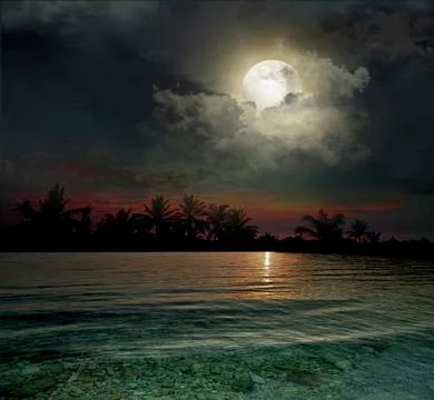 The ocean, sunset and moon Stock Photos