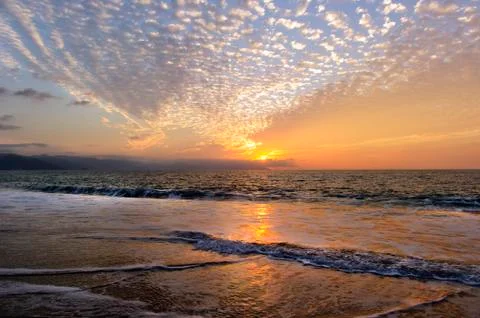 Ocean Sunset Beach Waves Stock Photos