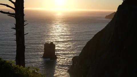 Ocean Sunset with Coastal Cliffs, Oregon Coast, Pacific Northwest Stock Footage 341366811