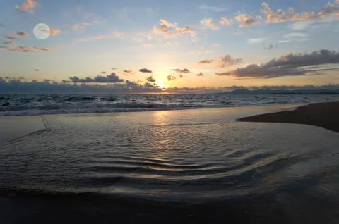 Ocean Sunset Moon Landscape Stock Photos