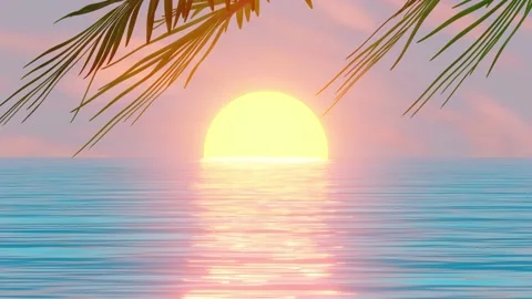 An ocean sunset or dawn under palm leafs. Stock Footage 148267379