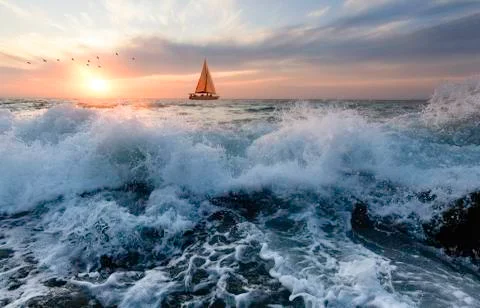 Ocean Sunset Sailboat Stock Photos