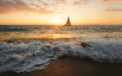 Ocean Sunset Sailing Stock Photos