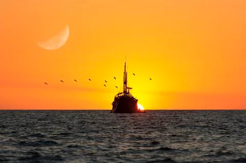 Ocean Sunset Ship Stock Photos