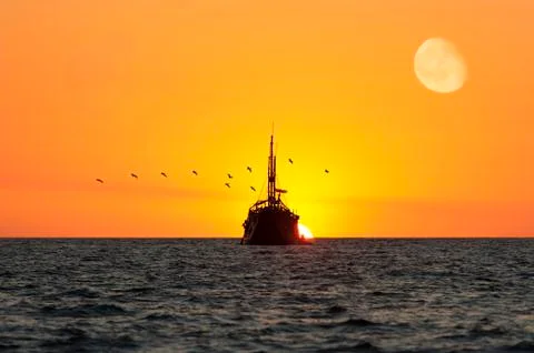 Ocean Sunset Ship Stock Photos