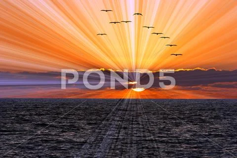 Ocean Sunset Sun Rays Stock Photos