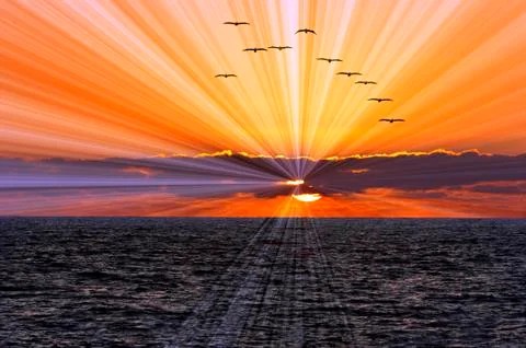 Ocean Sunset Sun Rays Stock Photos