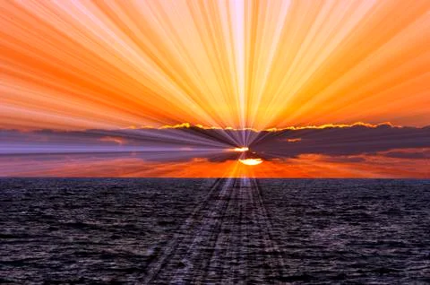 Ocean Sunset Sunrays Stock Photos