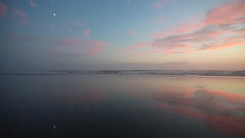 Ocean Sunset View Reflection with Moon and Clouds, Beach Stock Footage 341367242