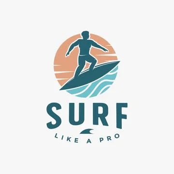 Ocean surf logo vector illustration design, Sea sun and surfer logo design Stock Illustration