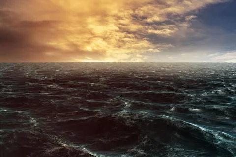 Ocean surface is rolling in flat illustration, showing golden horizon and cloudy 库存插图