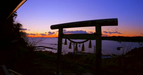 Ocean Temple Sunset in Japan Stock Footage 146293838