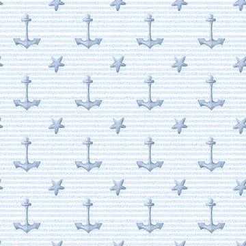 Ocean-themed seamless pattern with anchors and stars in soft baby blue tone.. Illustrazione stock