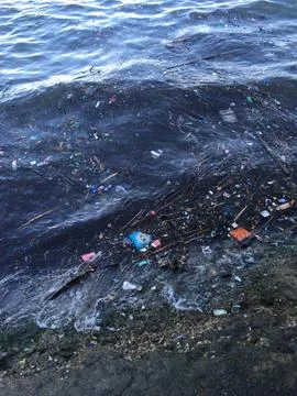 Ocean Trash Pollution Garbage Floating waves on beach Stock Photos