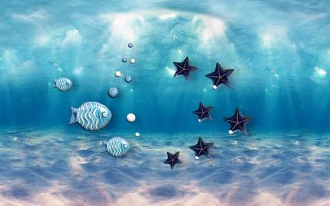 Ocean under water, rays of light, blue fish, bubbles, blue starfish Stock Illustration