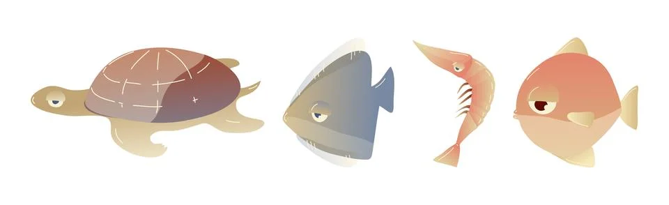 Ocean Underwater Animals with Fish, Turtle and Shrimp Vector Set 스톡 일러스트