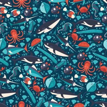 Ocean underwater world seamless pattern, vector illustration. Isolated sea fish Stock Illustration