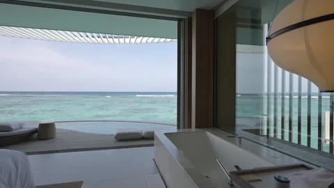 Ocean View Bathtub Inside The Ritz-Carlton Maldives Villa Stock Footage 341258104
