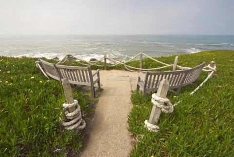 Ocean-view benches at point montara state park, california Stock Photos