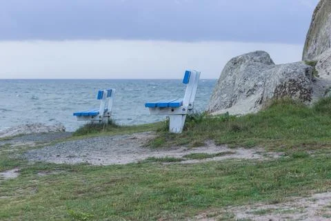 Ocean View from Blue Bench in Brittany France Stock Photos