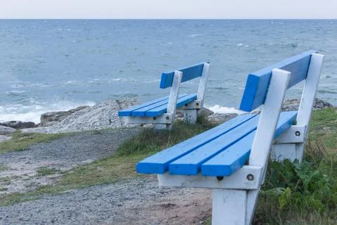 Ocean View from Blue Bench in Brittany France Stock Photos