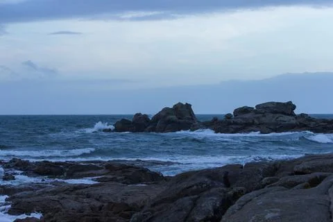 Ocean View from Blue Bench in Brittany France Stock Photos