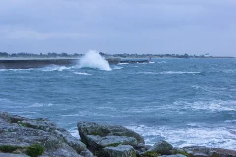 Ocean View from Blue Bench in Brittany France Stock Photos