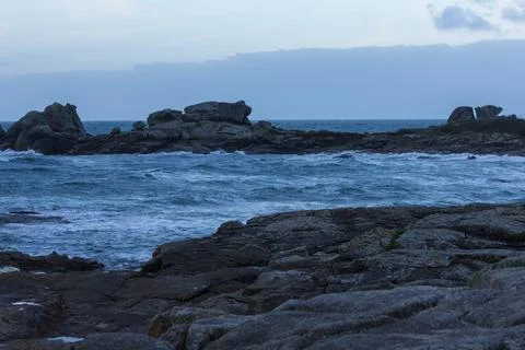 Ocean View from Blue Bench in Brittany France Stock Photos