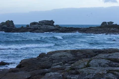 Ocean View from Blue Bench in Brittany France Stock Photos