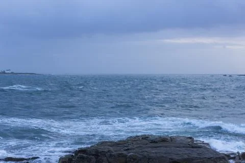 Ocean View from Blue Bench in Brittany France Stock Photos