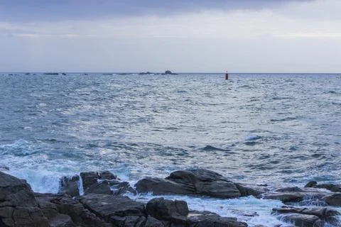 Ocean View from Blue Bench in Brittany France Stock Photos