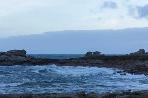 Ocean View from Blue Bench in Brittany France Stock Photos