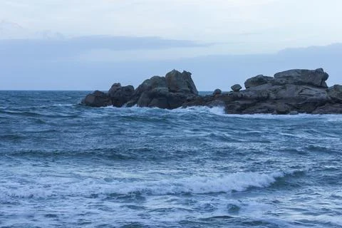 Ocean View from Blue Bench in Brittany France Stock Photos