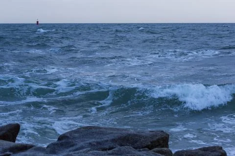Ocean View from Blue Bench in Brittany France Stock Photos