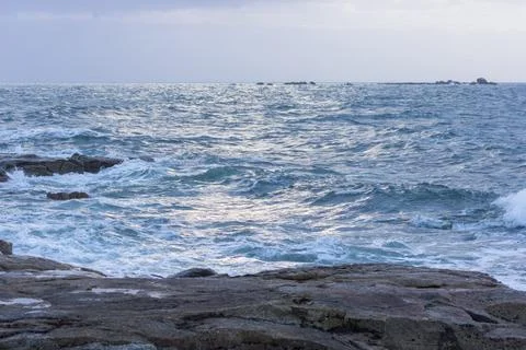 Ocean View from Blue Bench in Brittany France Stock Photos