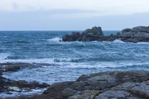 Ocean View from Blue Bench in Brittany France Stock Photos
