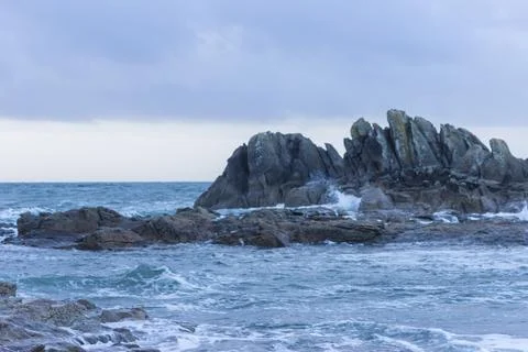 Ocean View from Blue Bench in Brittany France Stock Photos
