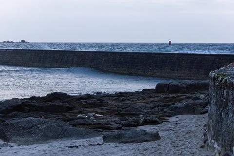 Ocean View from Blue Bench in Brittany France Stock Photos